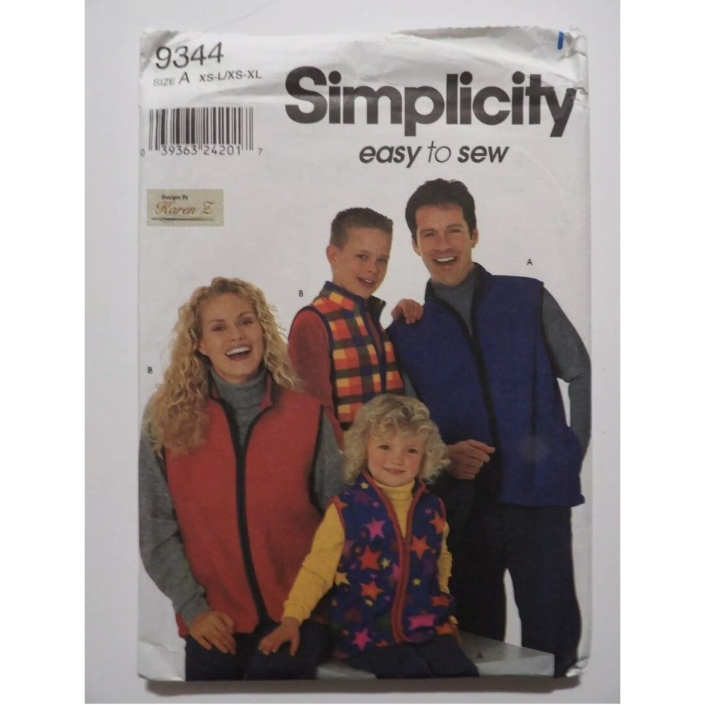 Simplicity 9344 Fleece Vest Sewing Pattern Child Teen Adult XS-XL Uncut 2000s